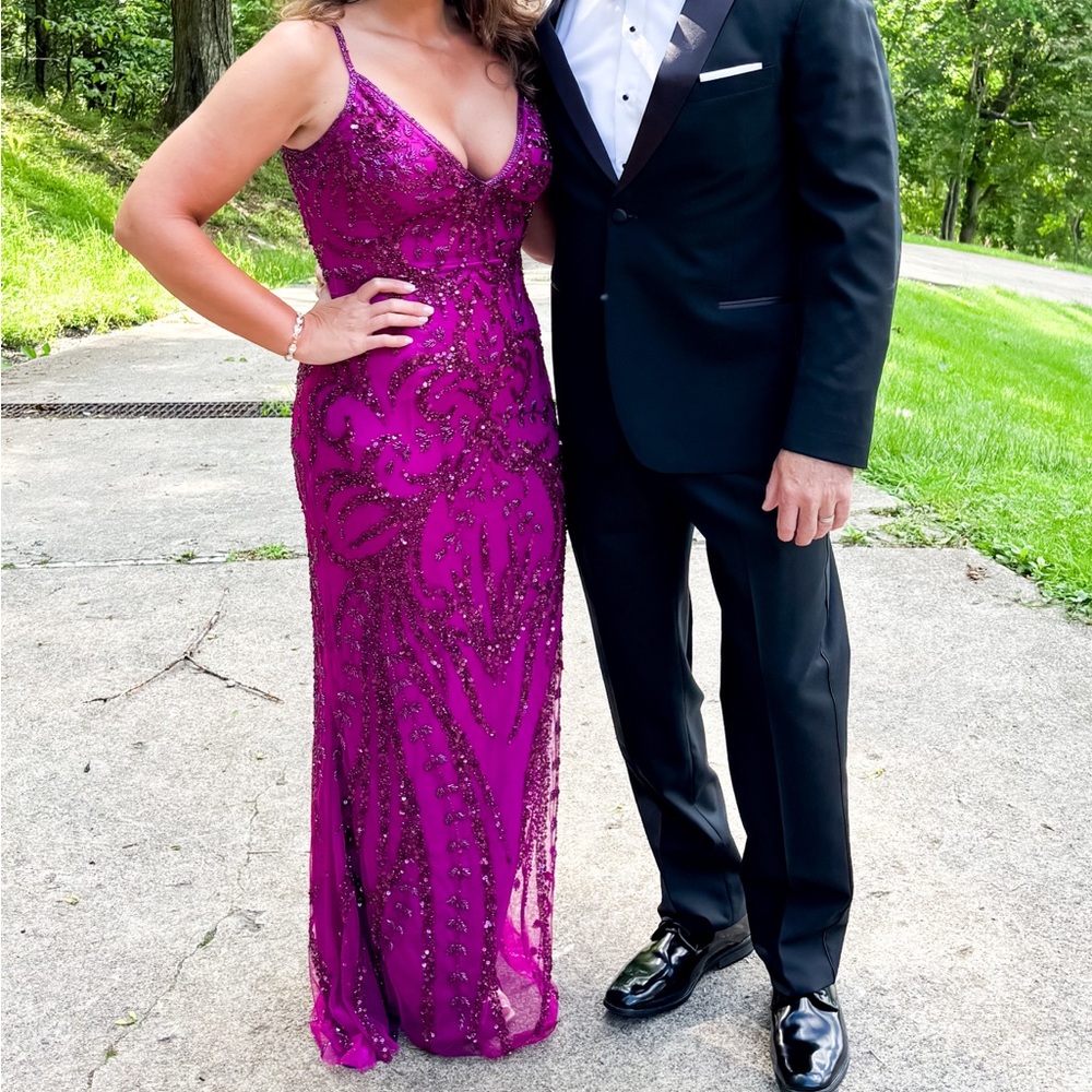 Primavera Couture Purple Sequin V-Neck Prom Dress
